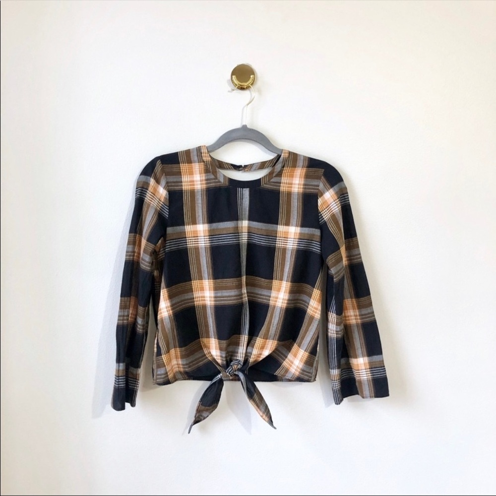 MADEWELL Plaid Tie Front Keyhole Top